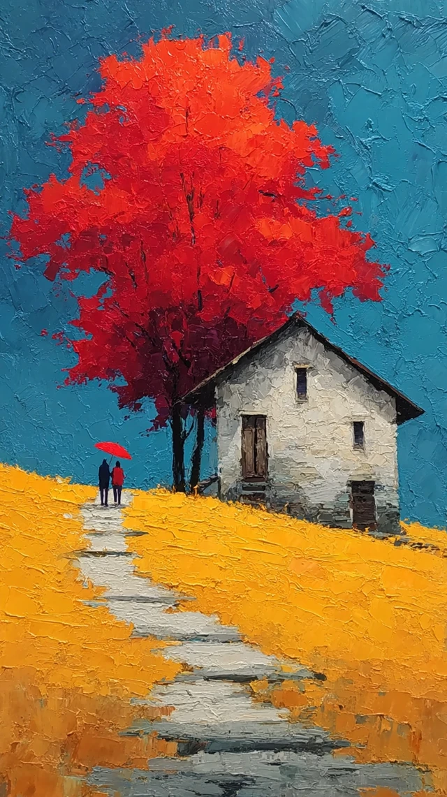 Autumn Landscape Oil Painting Maple Cabin Path