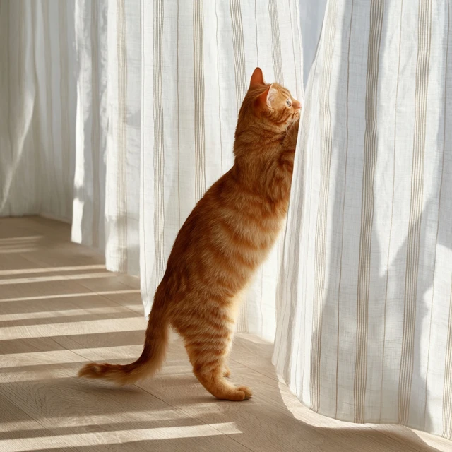Orange Cat Playing with Curtains