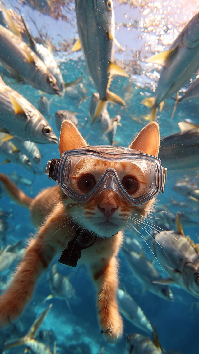 Adorable Kitten Snorkeling Underwater