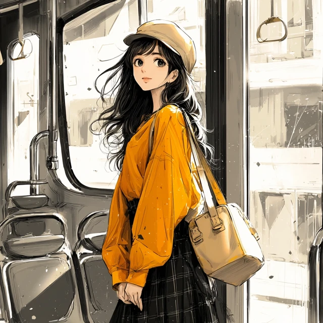Young Woman on a Bus Anime Illustration