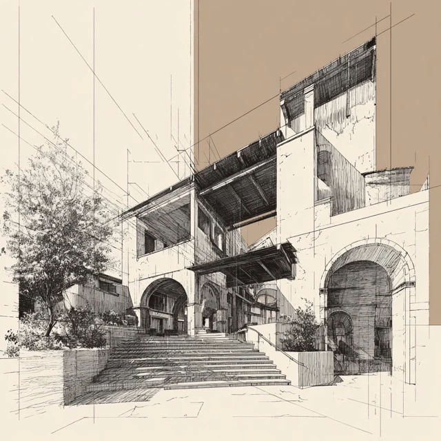 Architectural Perspective Drawing with Shadows and Textures