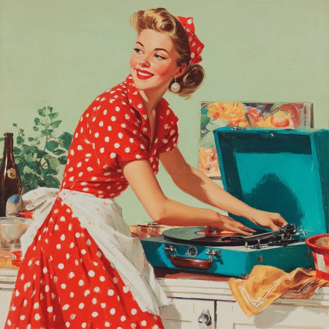 1950s Housewife Spinning Records Retro Art