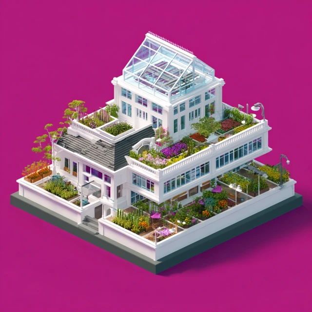 Futuristic Isometric Building Garden Roof
