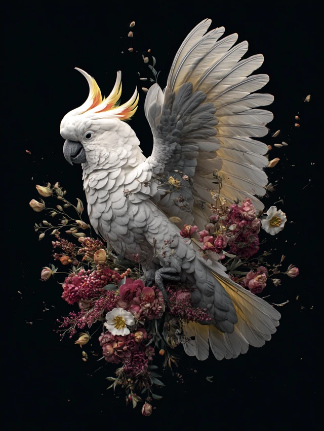 Hyper Realistic Cockatoo with Flowers Illustration
