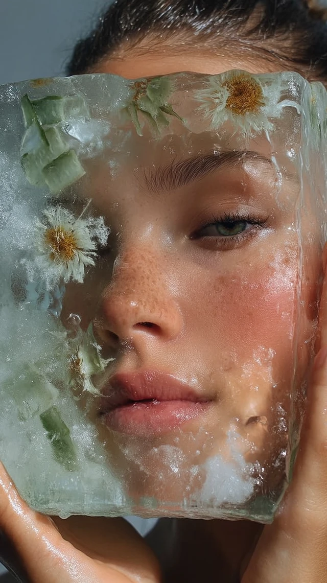 Woman with Aloe Vera Ice Cube Realistic Photo