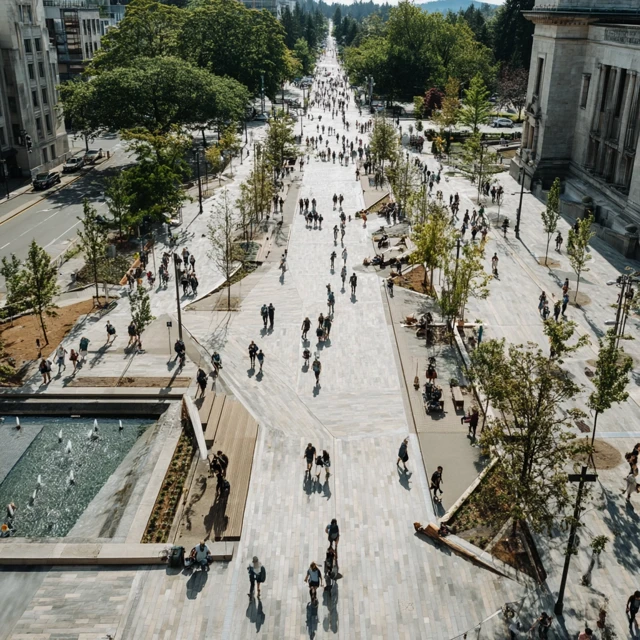 Pacific Northwest Plaza Bustling with People