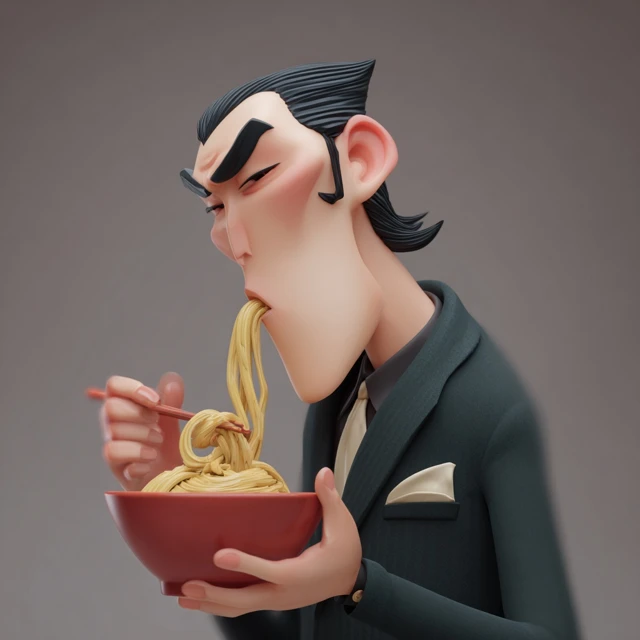 Mafia Boss Enjoying Noodles Cartoon Style
