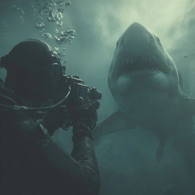 Scuba Diver Meets Shark Underwater Scary Photo