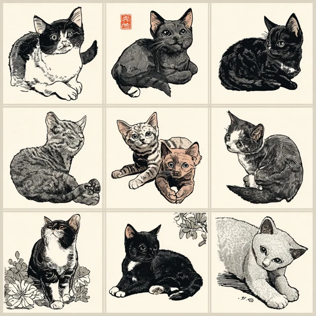 Woodblock Print Kittens Ten Adorable Illustrations