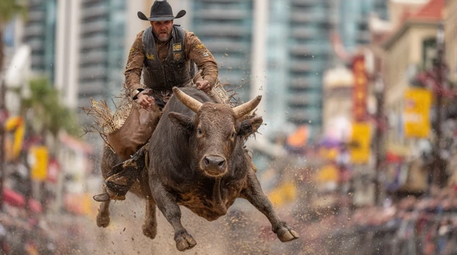 Cowboy Rides Bucking Bull Calgary Stampede Rodeo Action