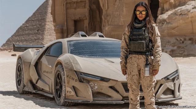 Egyptian Woman and Sports Car Near Pyramids