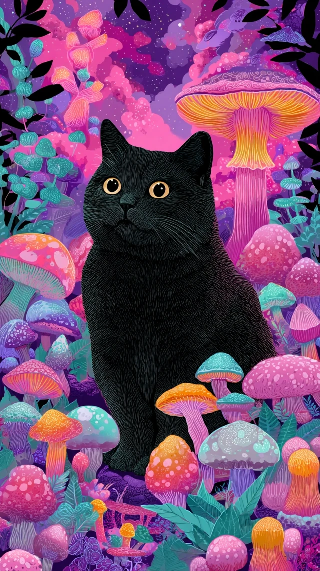 Black Cat in Psychedelic Mushroom Wonderland