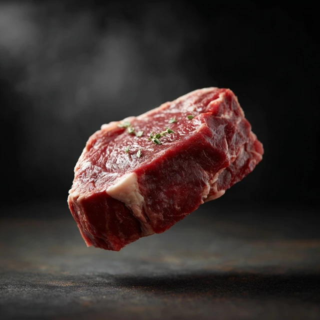 Floating Beef Steak on Black Background Food Photography