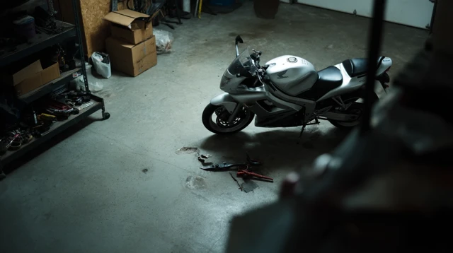Broken Motorcycle in Garage