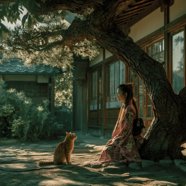 Japanese Courtyard Woman Cat Kimono Sunny Morning