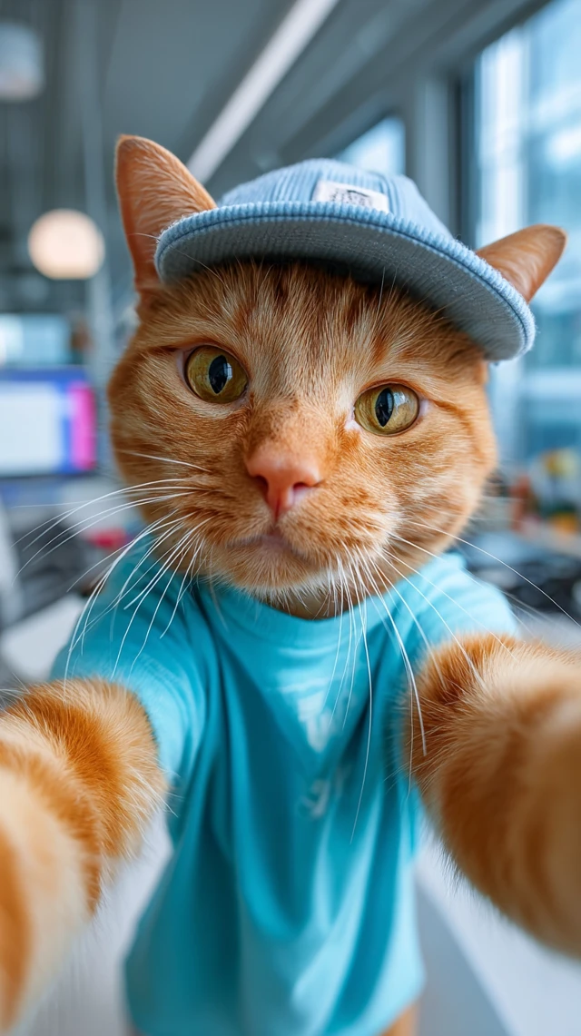 Cool Cat Taking Selfie in IT Office
