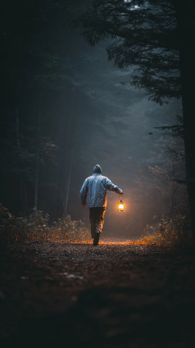 Person in Forest Holds Lantern Light Adventure