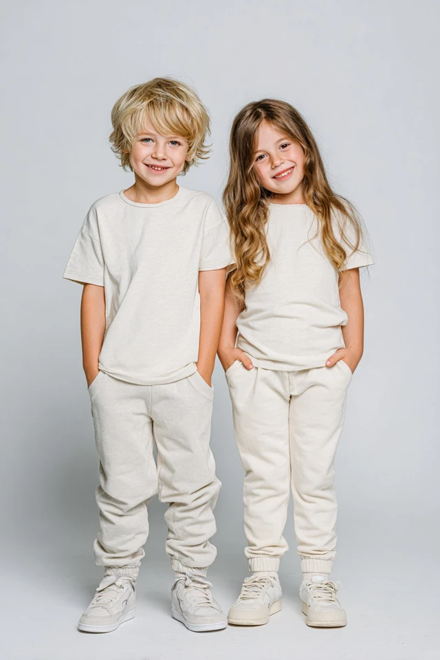 Kids Clothing Promo European Boy Girl Smiling Studio Shot