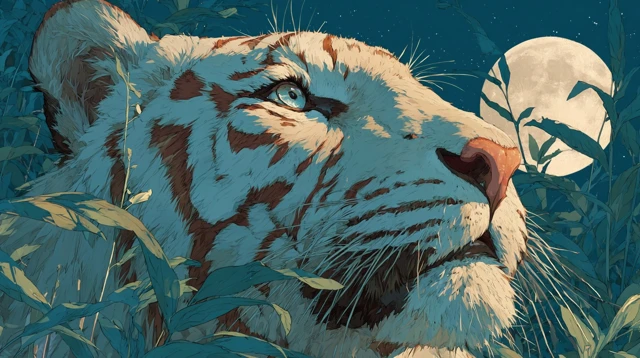 White Tiger Moonlit Night Illustration