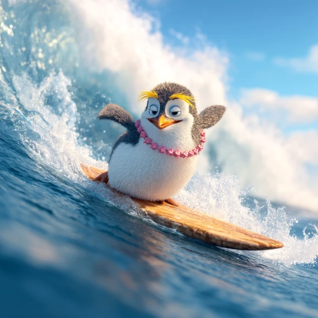 Surfing Penguin on a Wave 3D Animation