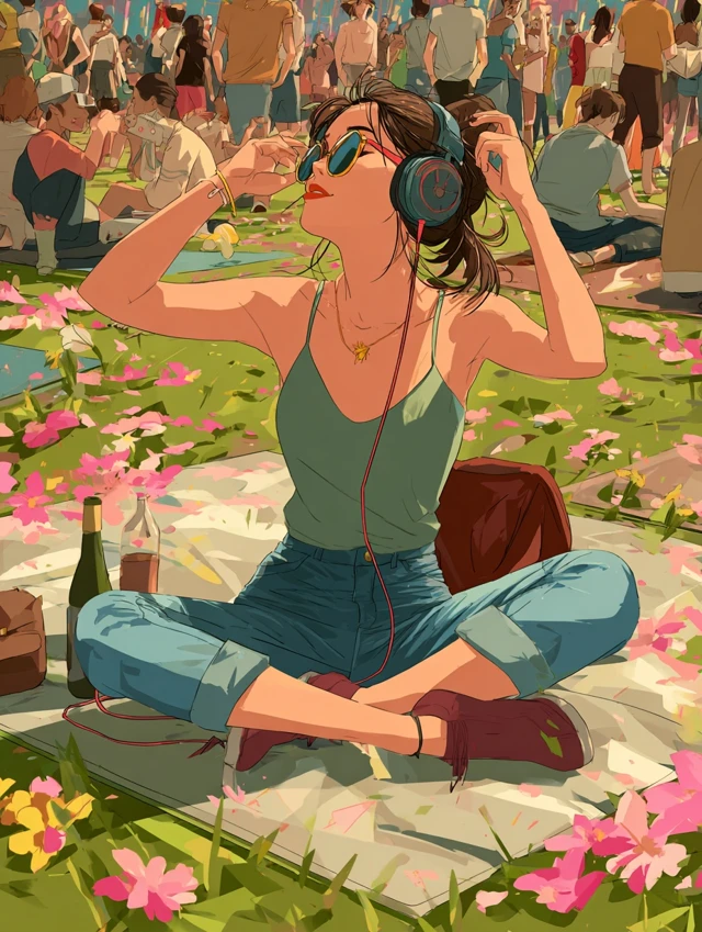 Girl Listening to Music in Park Illustration