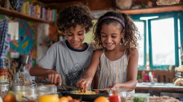 Joyful Brazilian Kids Cooking Spaghetti