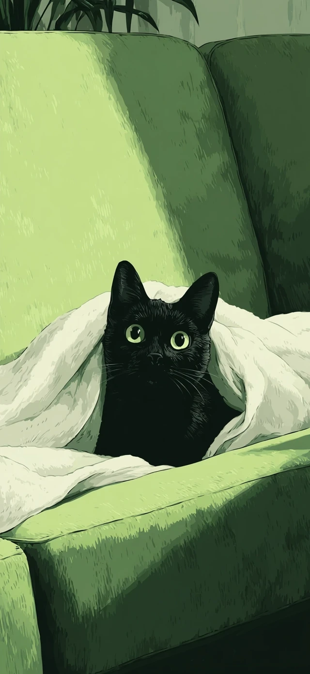 Cute Black Cat Hiding in Blanket Anime Style
