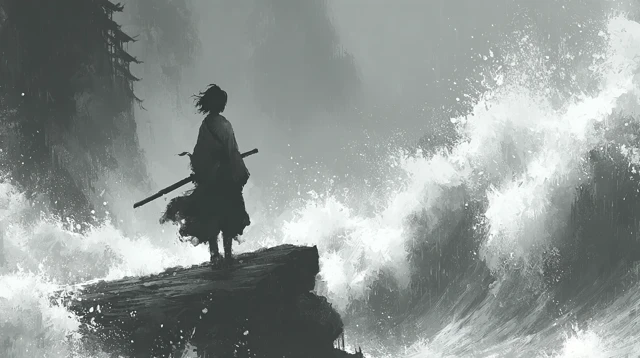 Female Swordsman on Cliff Chinese Ink Wash Painting