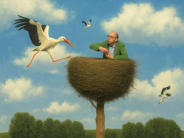 Man in Stork Nest Surreal Scene