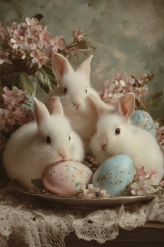 Easter Bunnies Eggs Flowers Vintage Illustration