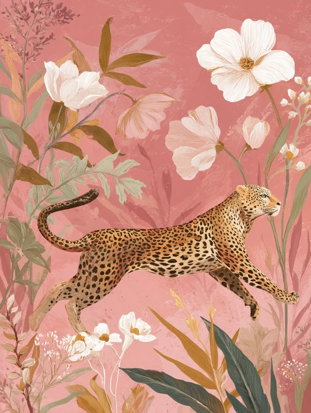 Leopard in a Botanical Pink Jungle Illustration