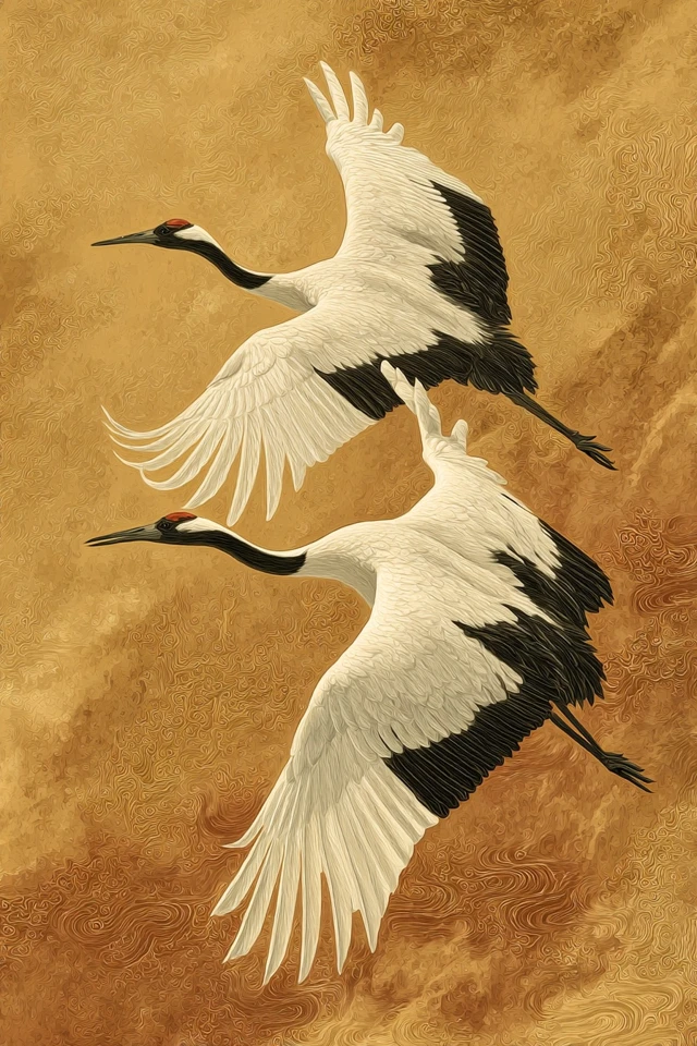 Red Crowned Cranes in Flight Chinese Art