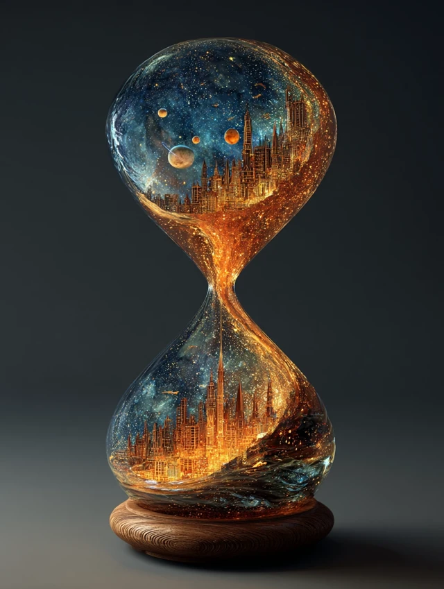 Hourglass with Space City and Sea 3D Art