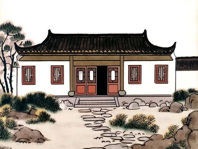 Chinese Courtyard in Ink Cartoon Style