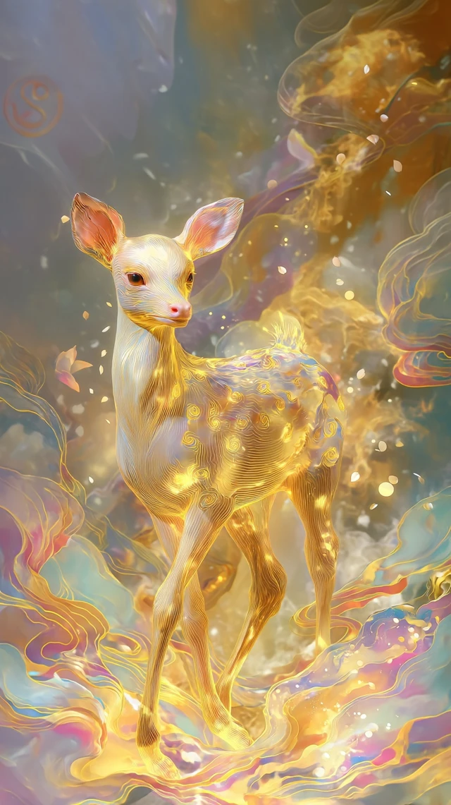 Sacred Deer in Golden Flames Ethereal Art
