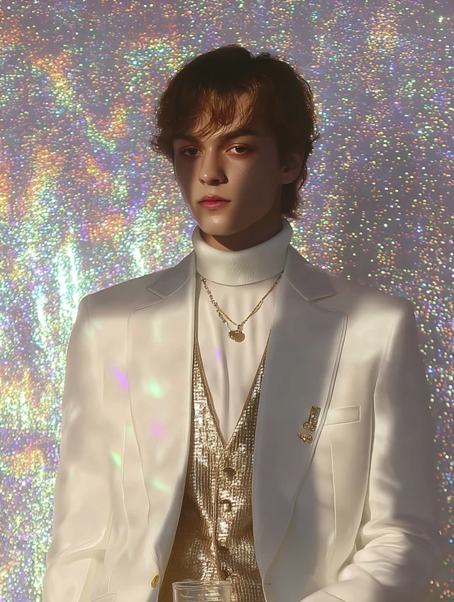 Handsome KPop Idol in White Suit Gold Accessories