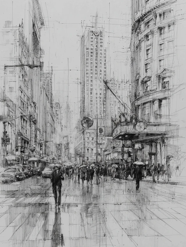 Rainy City Crossroads Sketch Illustration