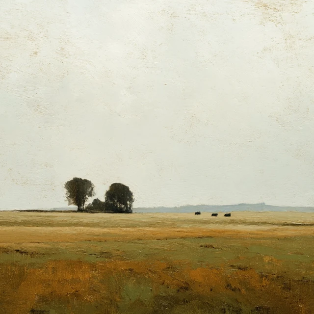 Minimalist Landscape Painting Bison in Open Field