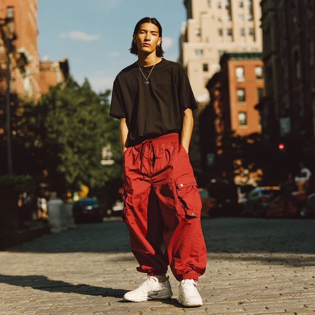 Street Style Fashion Male Model in Red Slacks