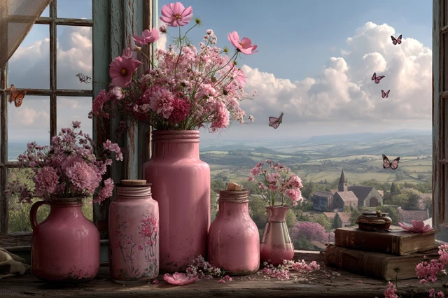 Pink Vases Flowers and Butterflies Countryside View