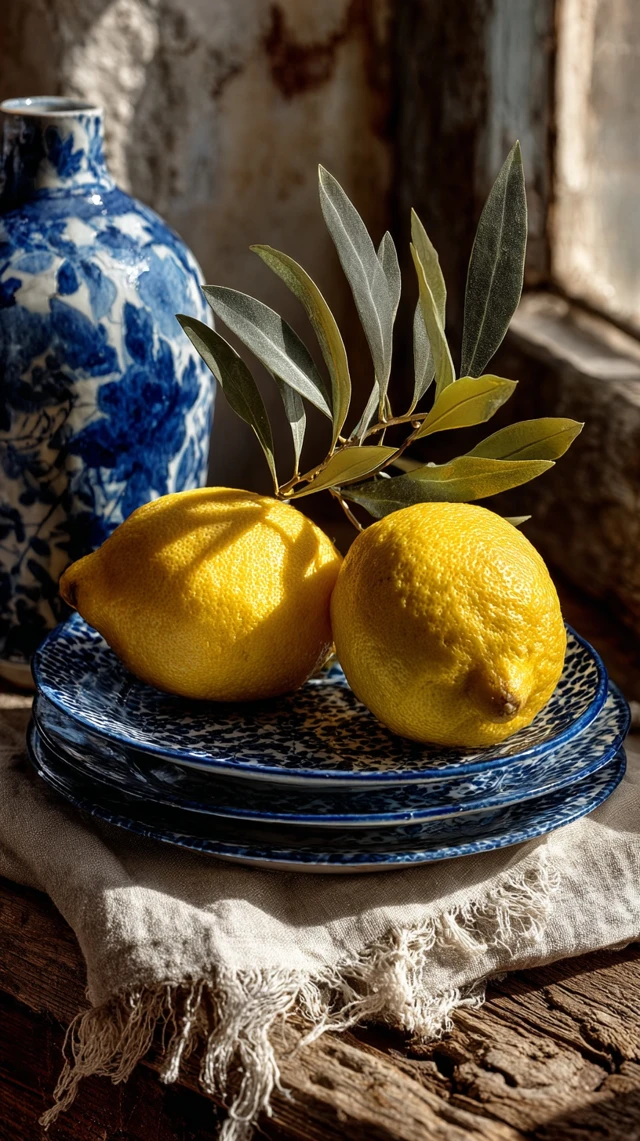 Mediterranean Still Life Lemons Blue Plates