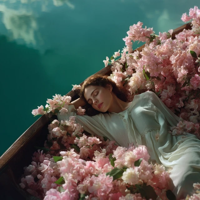 Dreamy Romantic Scene Woman in Boat Flowers