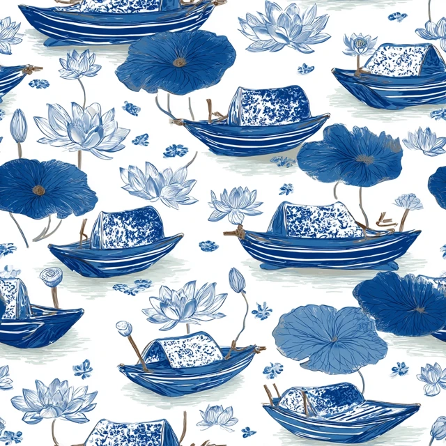 Chinese Boat Pattern Lotus Flowers Porcelain Style