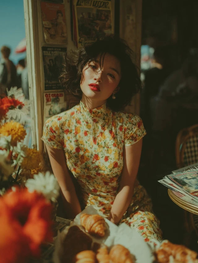 Parisian Cafe Scene Chinese Woman Croissants