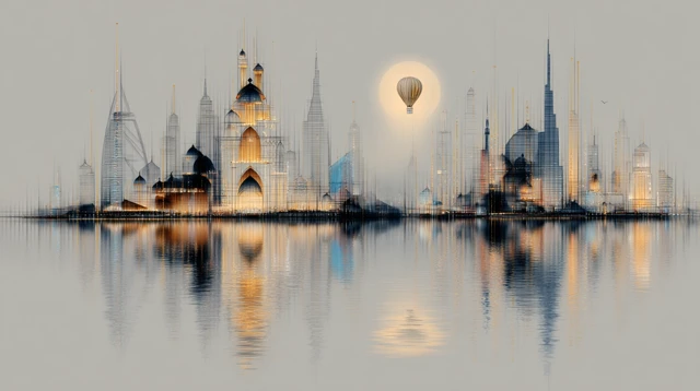 Dubai Skyline Minimalist Art with Reflections and Gold