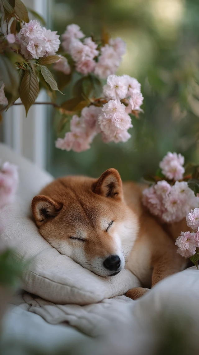 Sleeping Shiba Inu in Cherry Blossoms Serene Scene
