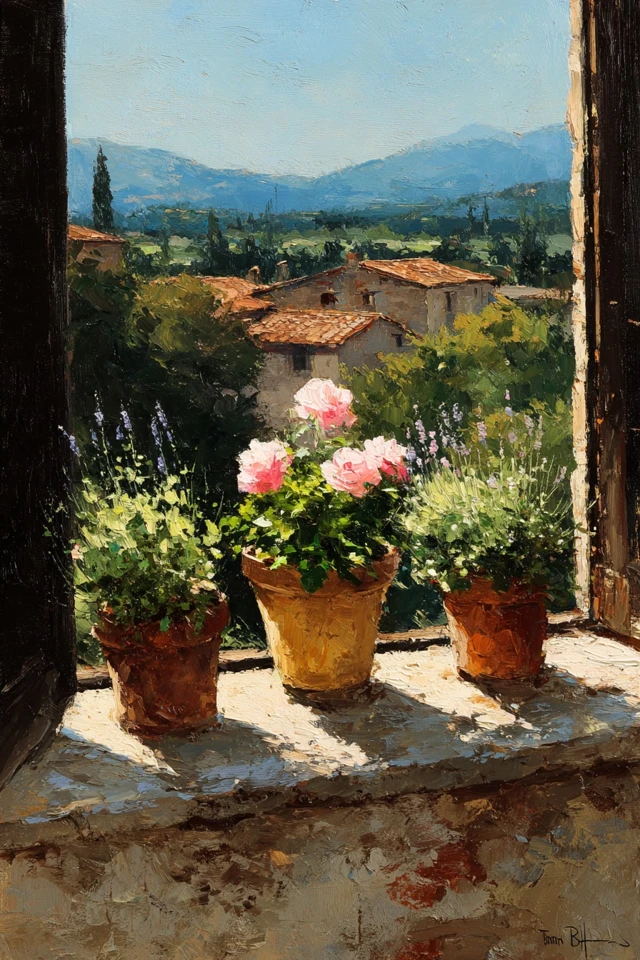 Italian Landscape Oil Painting with Flowers