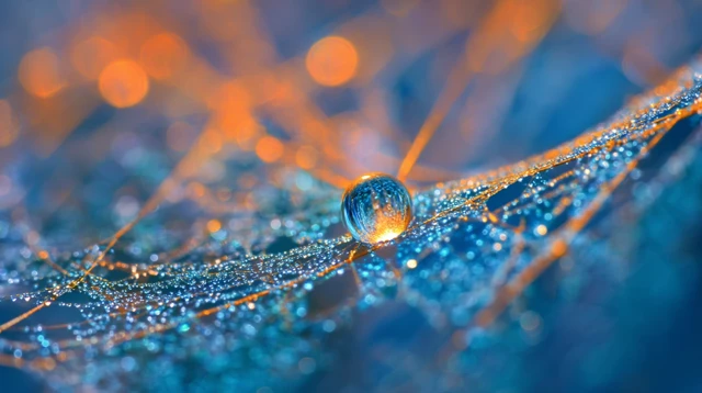 Water Droplet on Spiderweb Blue Orange Hues
