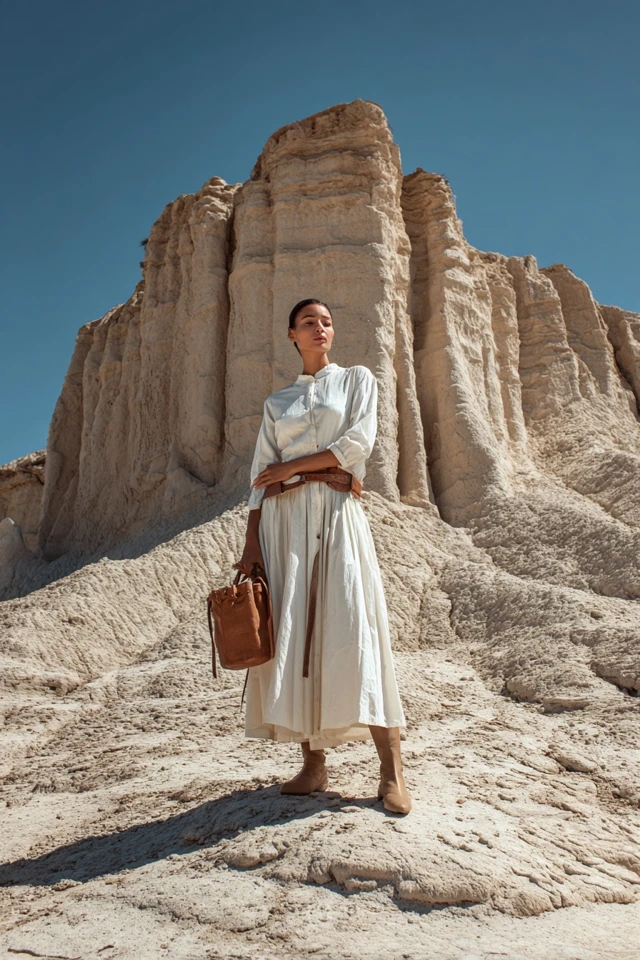 Desert Fashion Model Posing in Dress with Bucket Bag