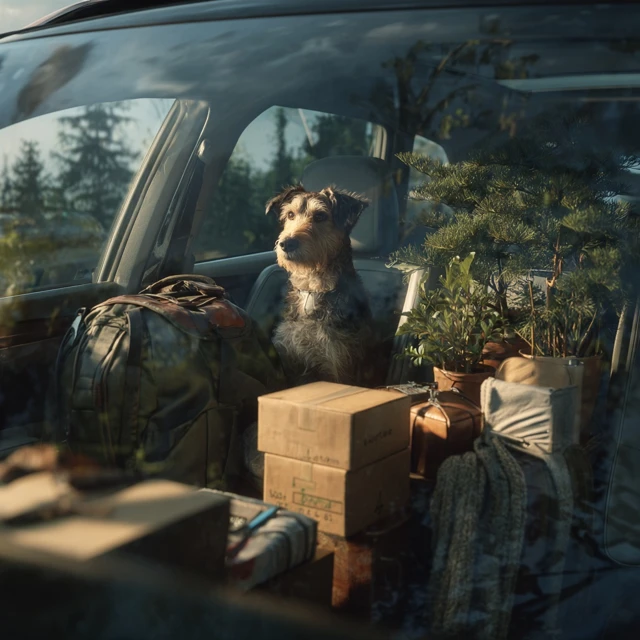 Dog in Car Moving Day Journey